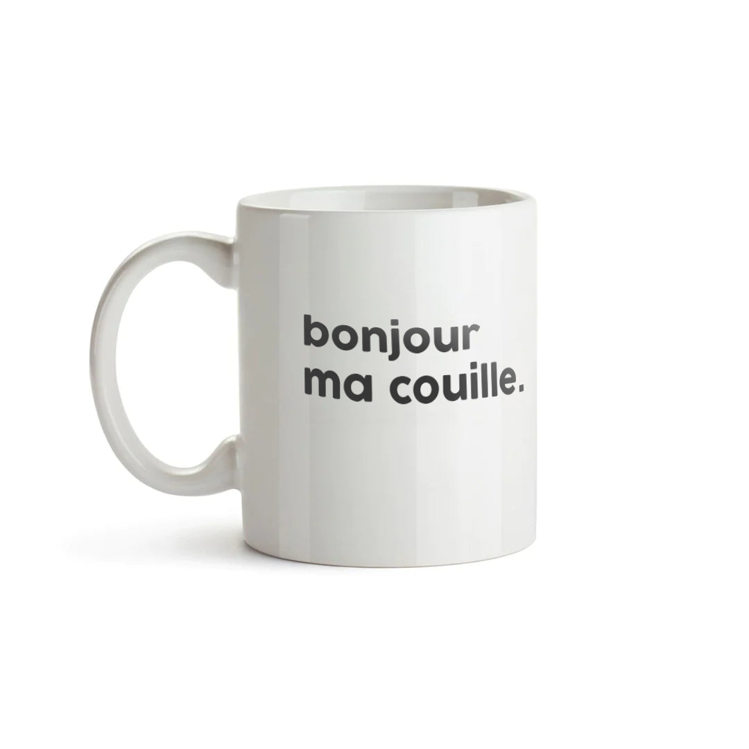 Mug blanc avec lettrage noir : "bonjour ma couille."