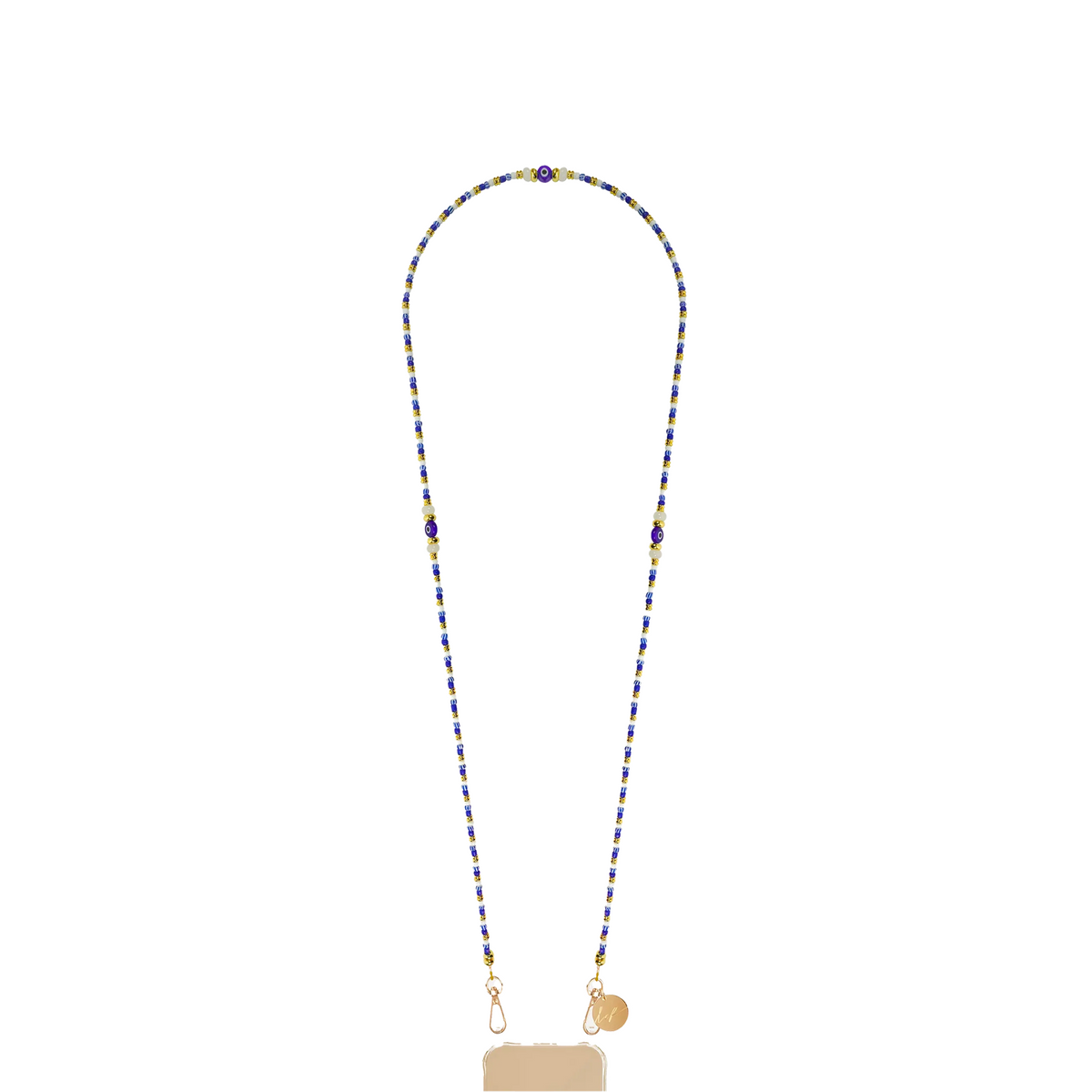Chaîne de téléphone en métal doré composé de perles bleues, blanches et dorées, avec des éléments décoratifs en forme d’yeux bleus.