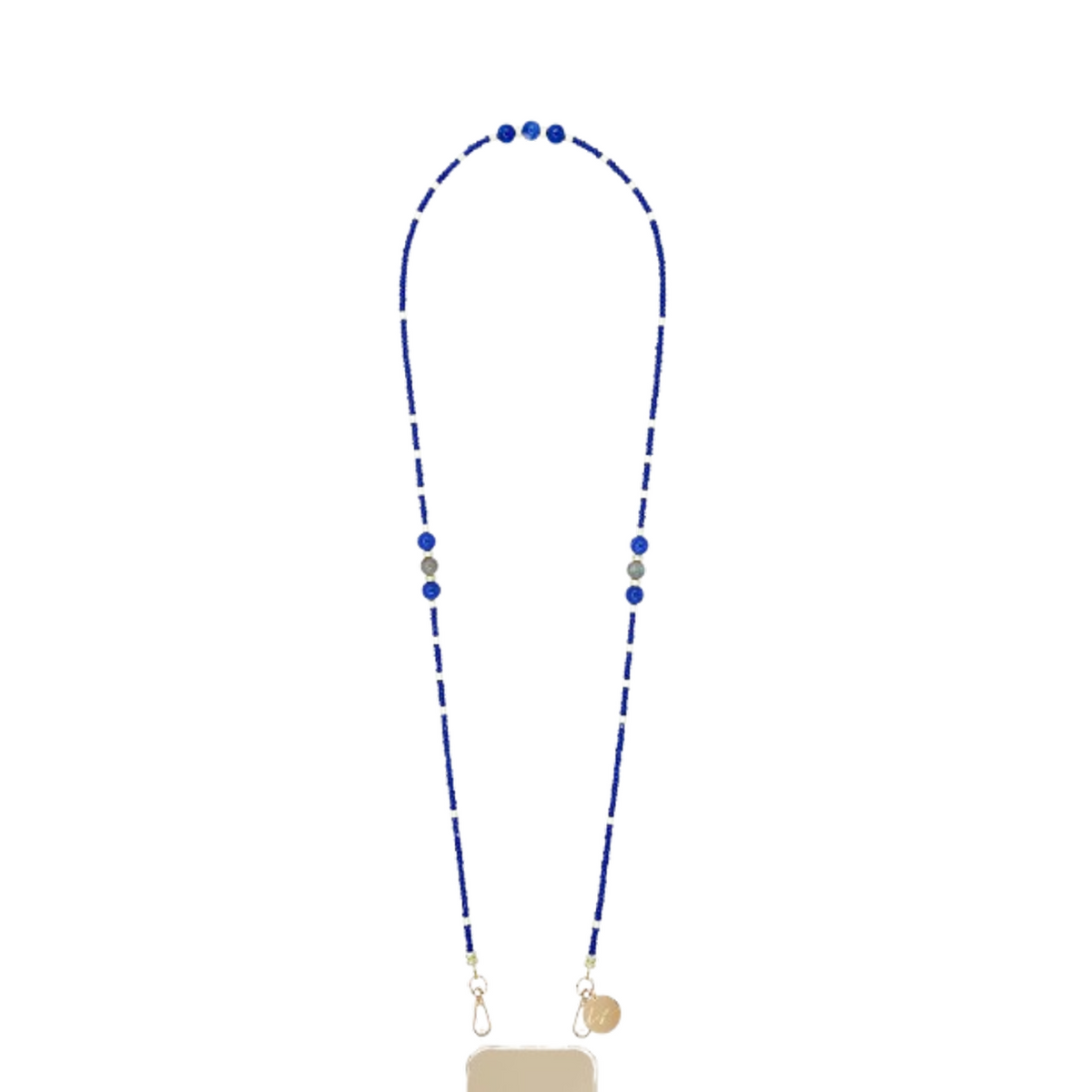 Chaîne de téléphone Iris confectionnée avec des perles bleues.