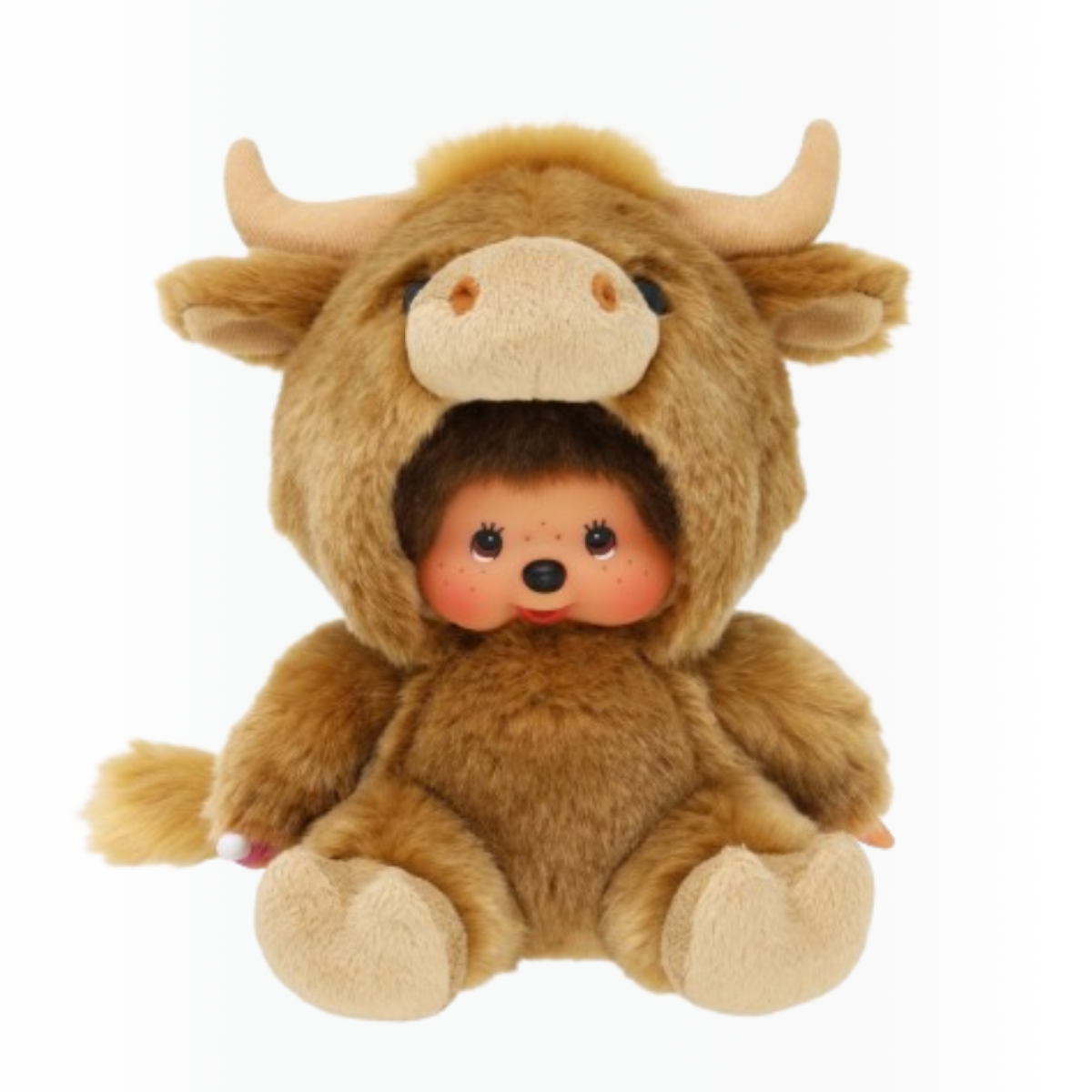 Voici la peluche Monchhichi, le célèbre singe avec sa tétine dans une version vache de Midland 20 cm.