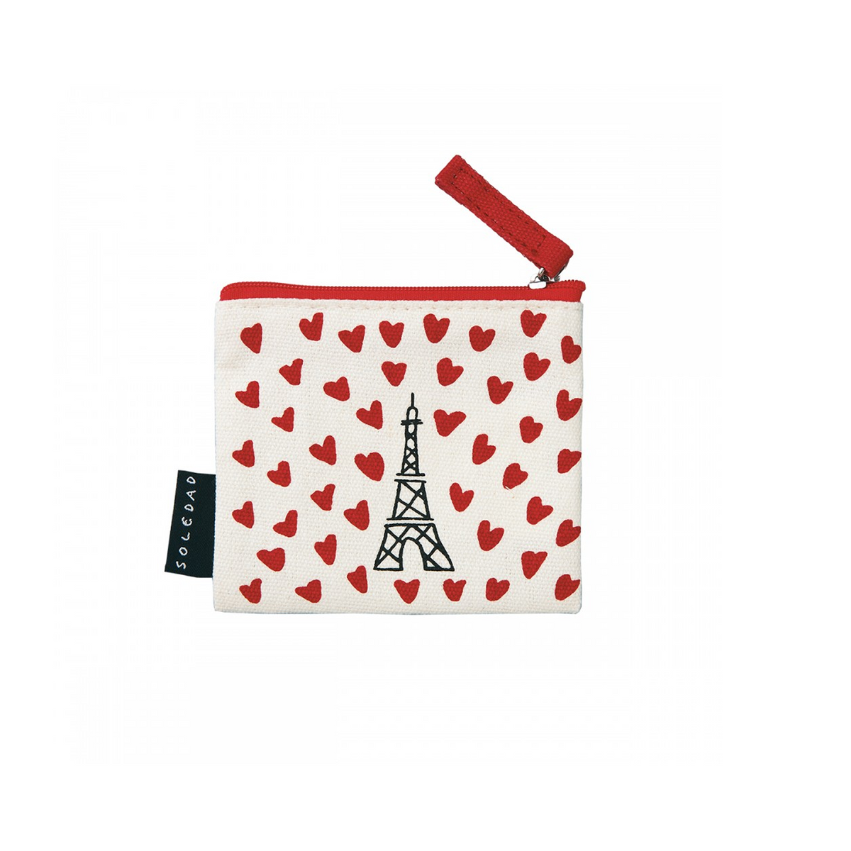 Porte-monnaie chic signé Petit Jour Paris, orné de petits cœurs rouges d'un côté et du message "J'aime Paris" de l'autre.