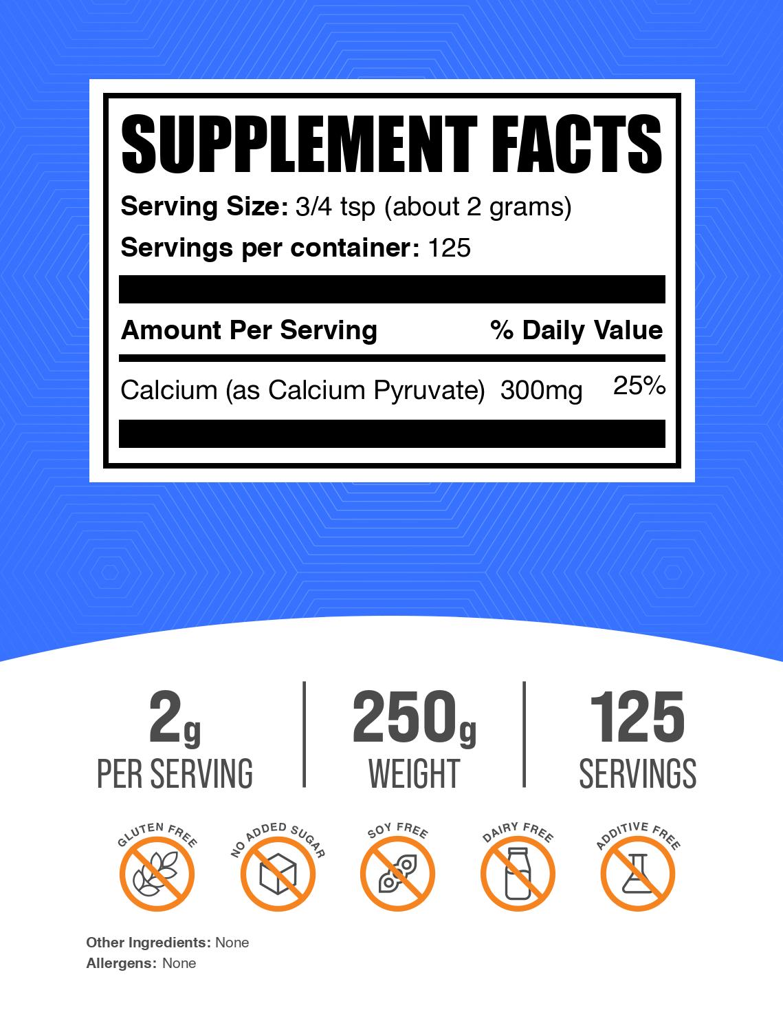 Calcium pyruvate powder label 250g