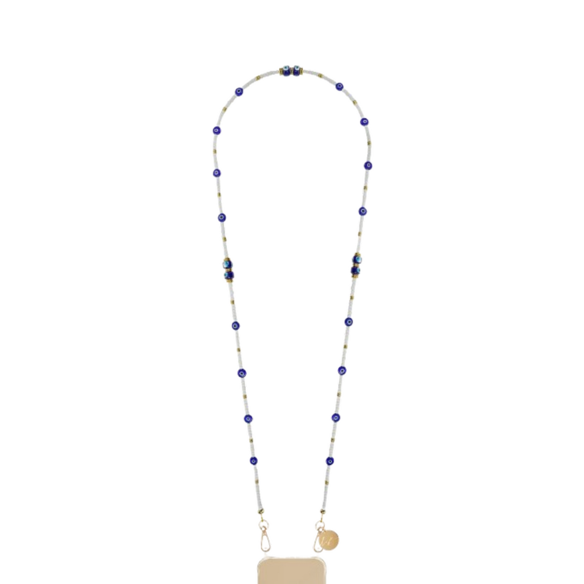 Chaîne de téléphone Lyra confectionnée avec des perles blanches et des perles en forme d'œil grec bleu.
