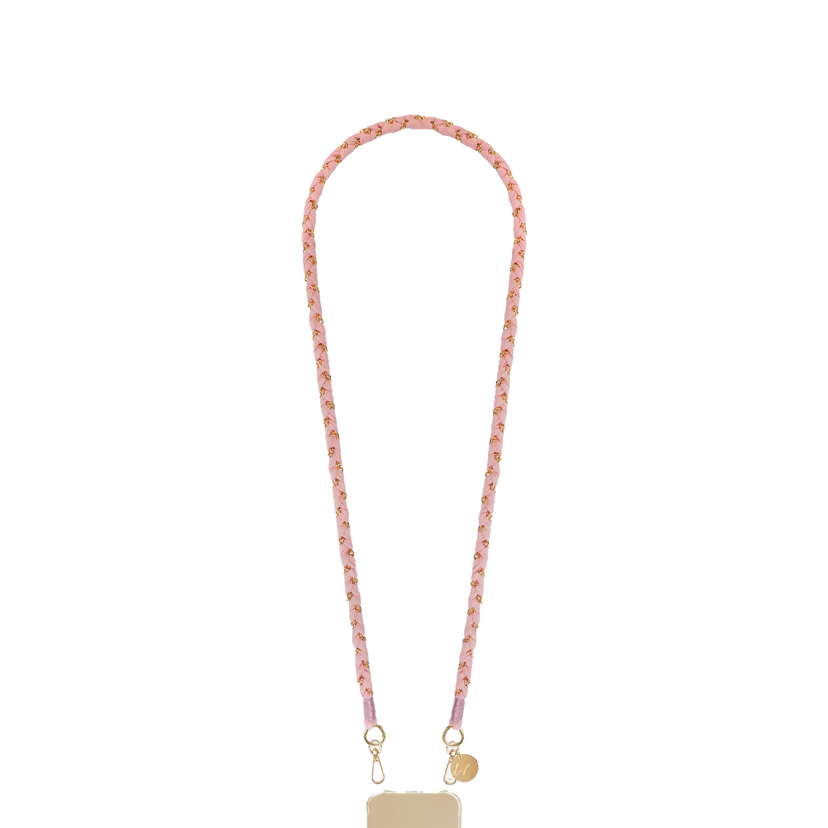 Chaine de téléphone en métal et coton tressé de couleur nude.