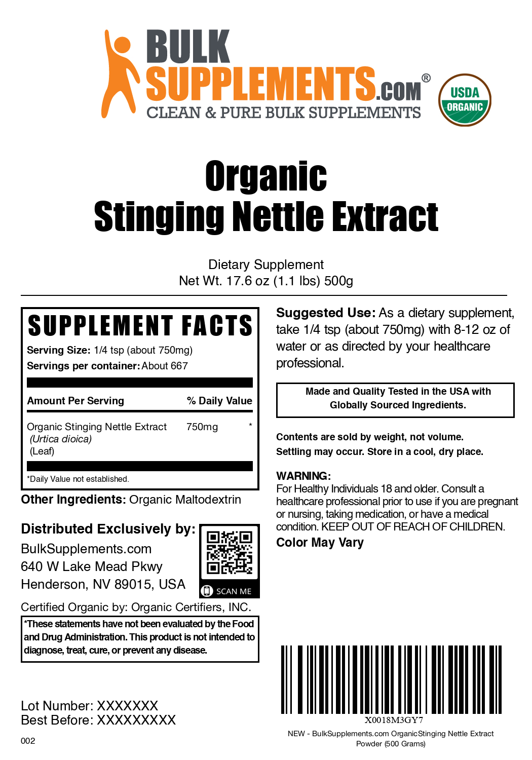 Organic stinging nettle extract powder label 500g