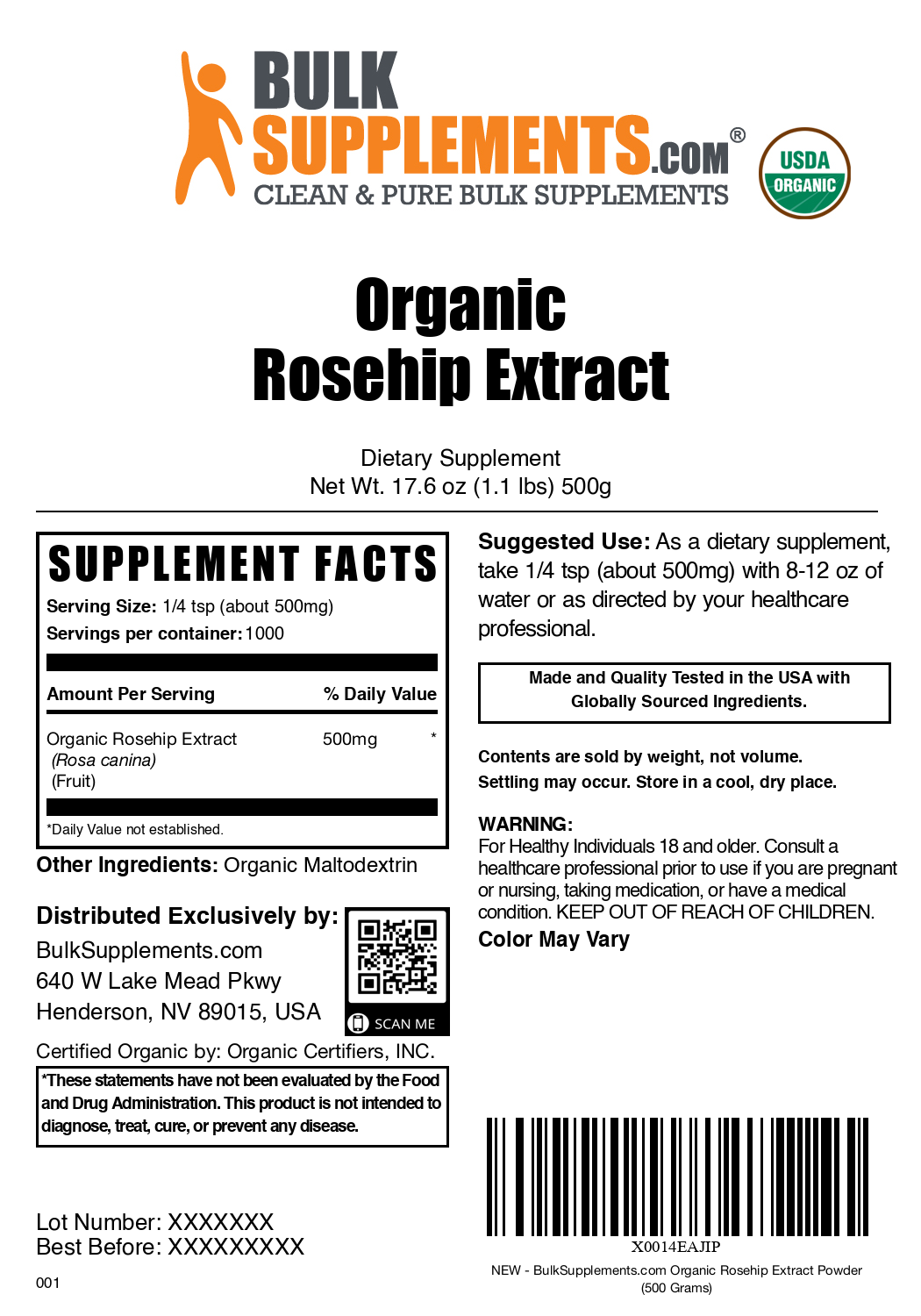 Organic rosehip extract powder label 500g