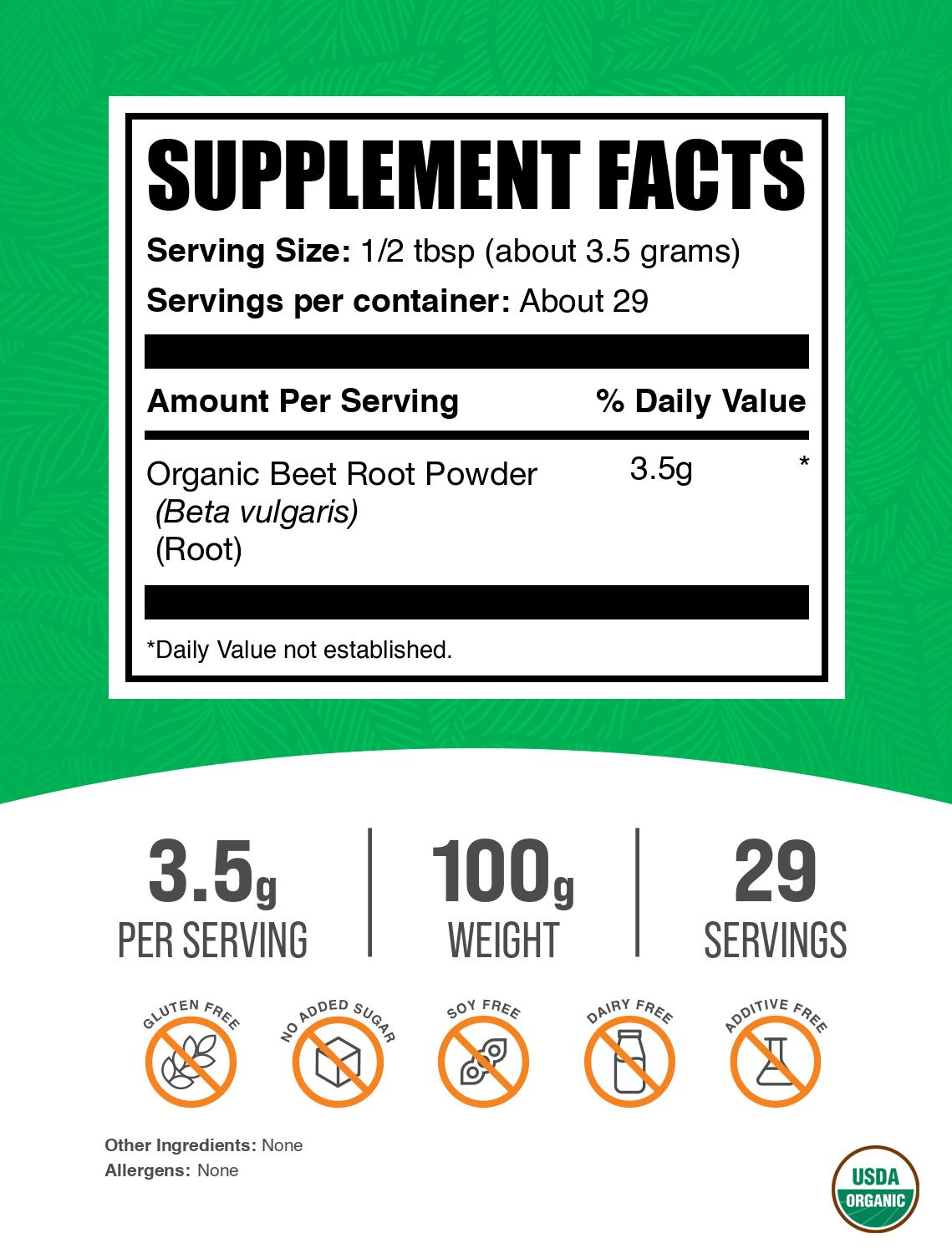 Organic beet root powder label 100g
