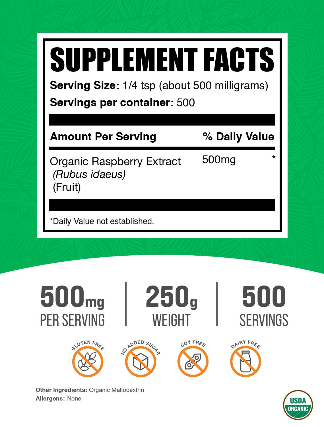 Organic raspberry extract powder label 250g