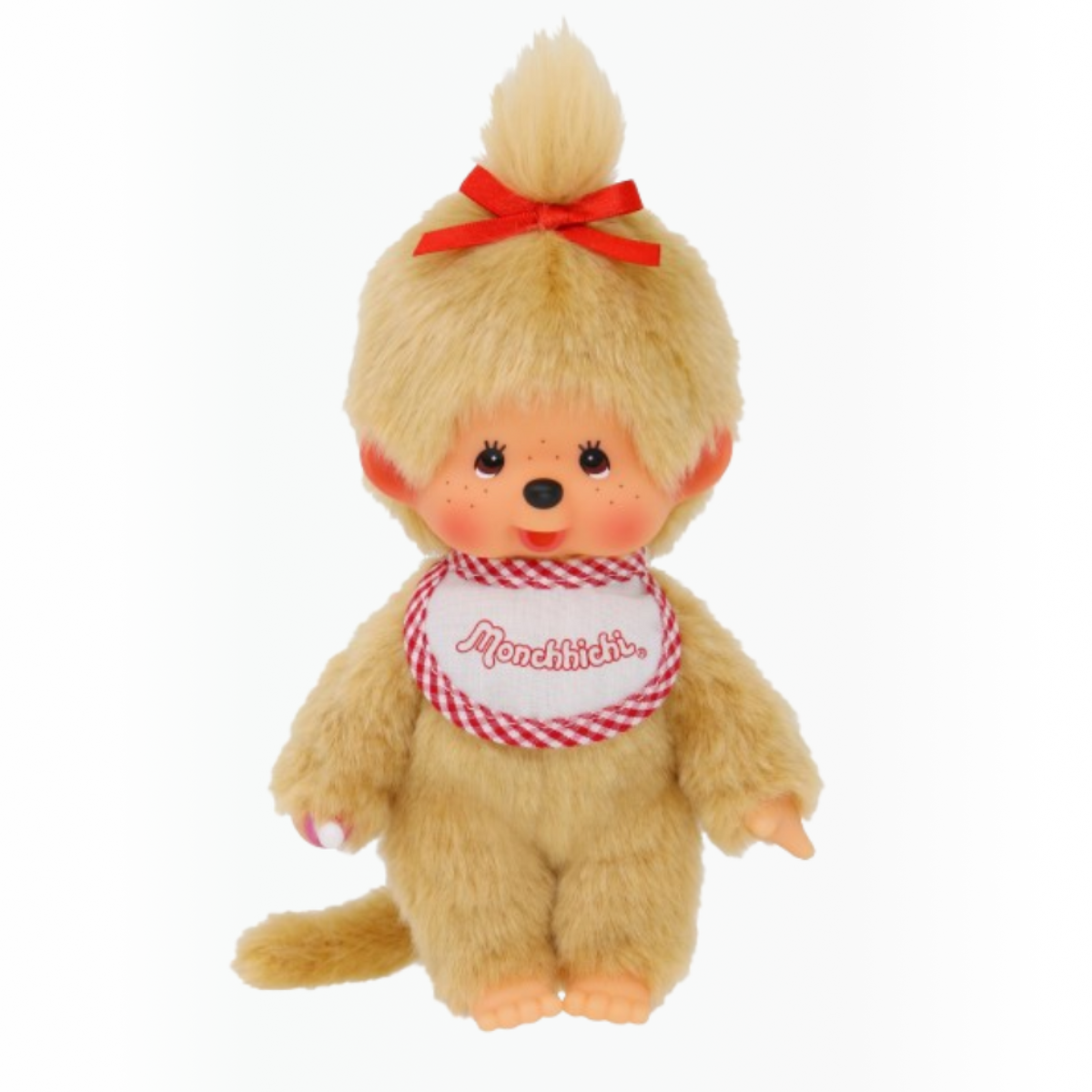 Voici la peluche Monchhichi, le célèbre singe avec sa tétine dans une version beige fille 20 cm avec un bavoir rouge te blanc.