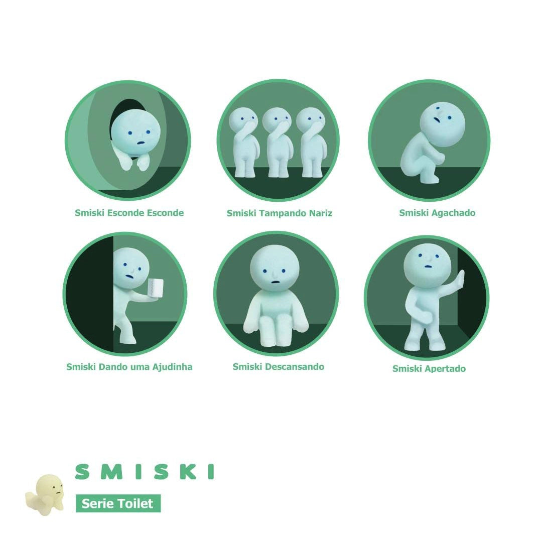 Différents personnages de la Série Toilettes des figurines Smiski, chacun dans une pose unique, incluant Smiski caché, Smiski couvrant son nez, et Smiski accroupi.
