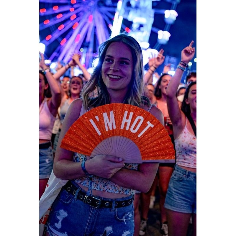 Éventail à paillettes "I am hot"